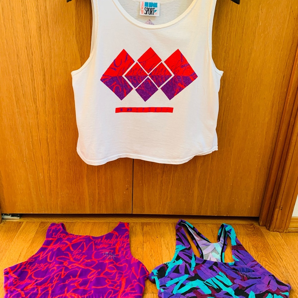 3 Piece Insport Set : 2 Colorful Sports Bras Size L & Matching Tank Top Size M